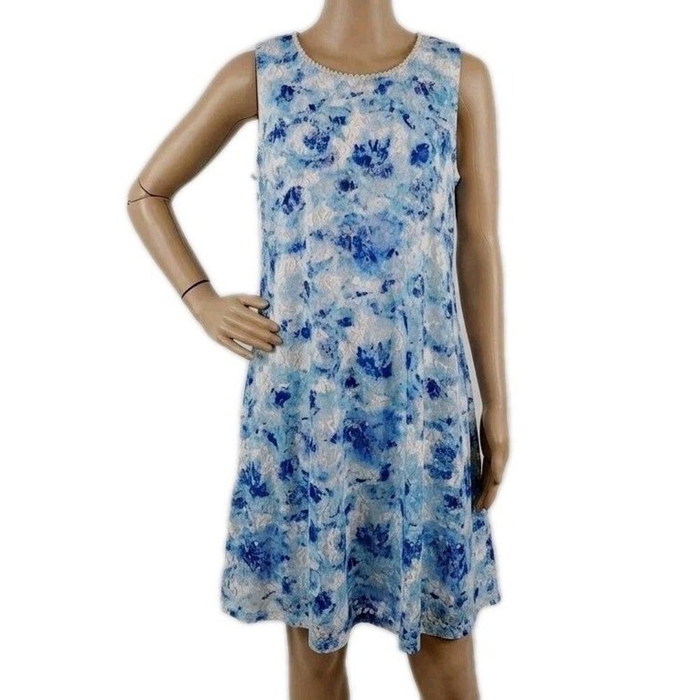 R&K Sleeveless Dress Plus 14W Blue LACE Overlay Lined  Pullover PEARL Accents